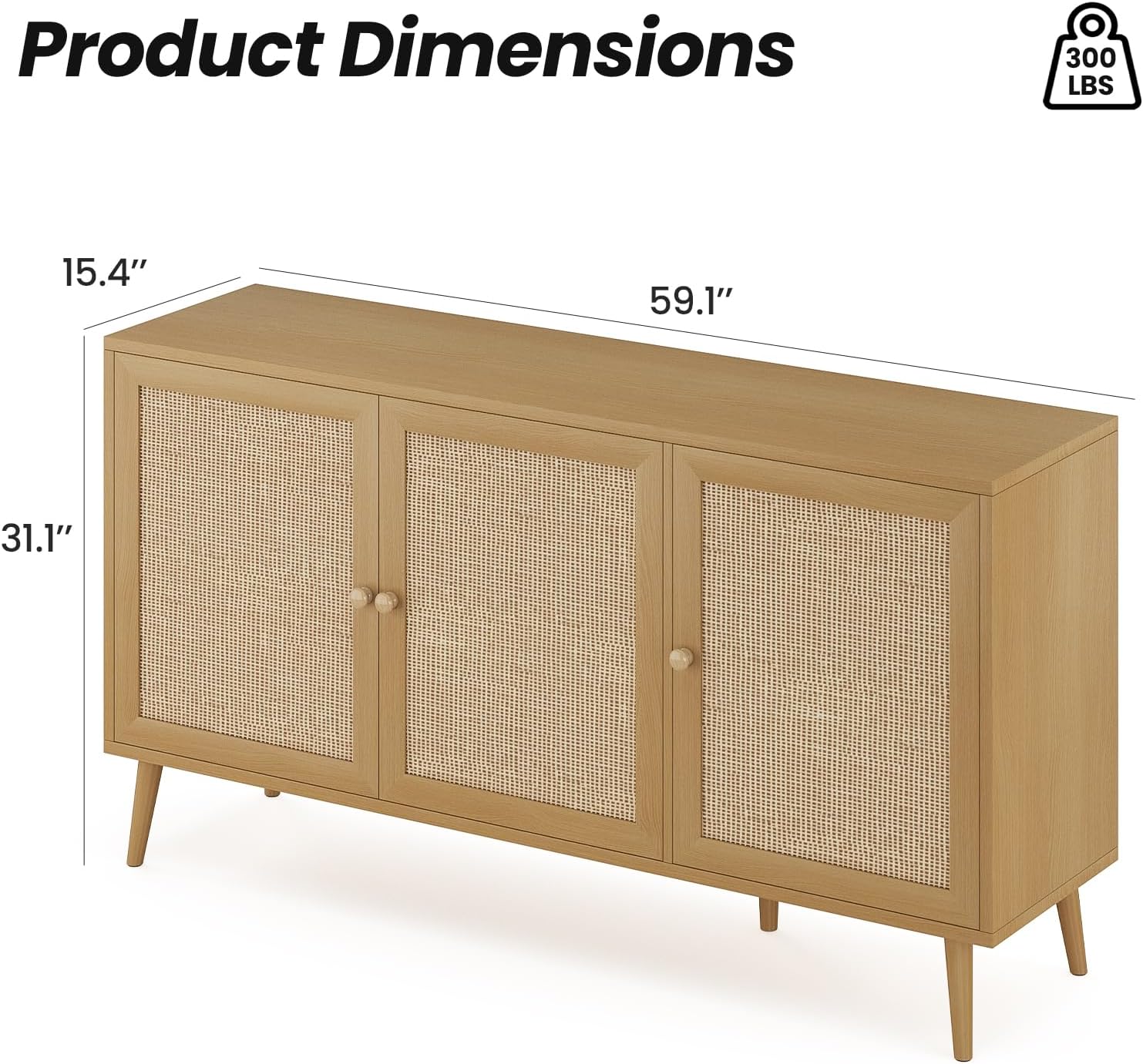 Farini 59.1" Buffet Cabinet with 3 Rattan Doors,Kitchen Sideboard for Dining Room, Hallway & Living Room, Coffee Bar Storage Console Table,Natural
