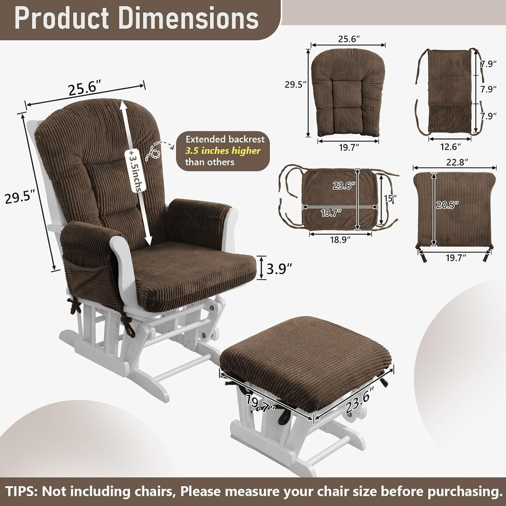 Boshen 5PCS Glider Rocker Replacement Cushions with Storage Side Pockets, Thickened 3.5IN Seat & Supportive Striped Plush Rocking Chair Cushion Set with Ottoman Cover for Indoor Nursery, Brown