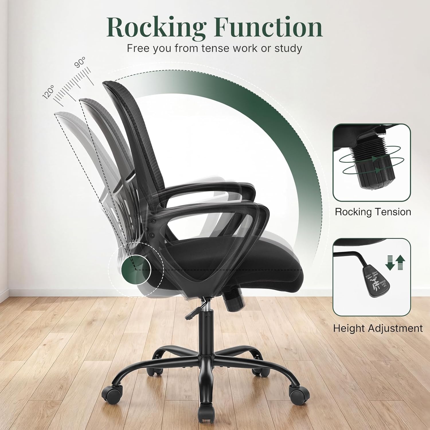 Home Office Desk Chair, Ergonomic Mid-Back Mesh Computer Task Chair with Comfortable Lumbar Support, Height Adjustable Swivel with Fixed Armrest for Adults, Student, Black