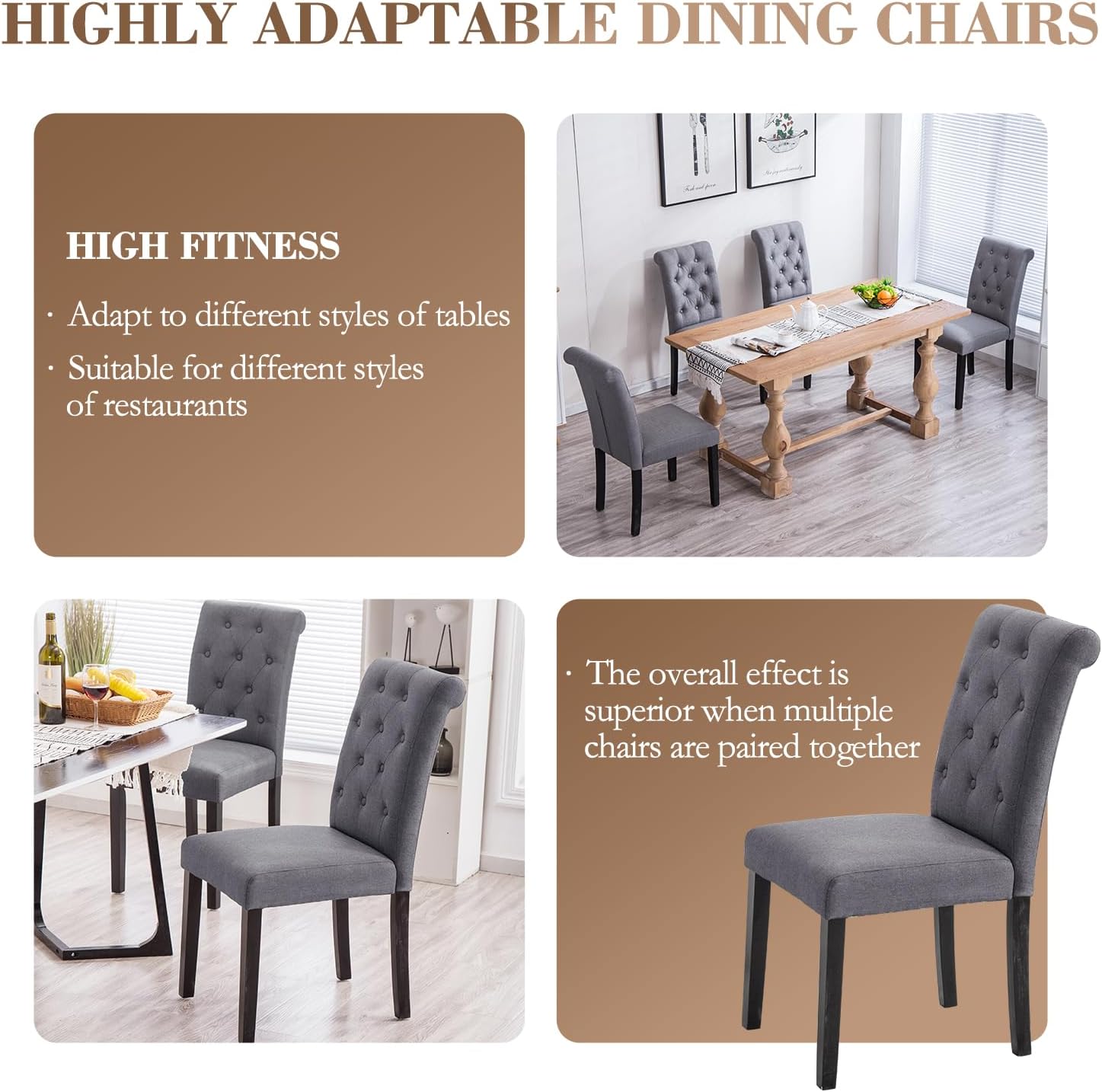 Dining Chairs Set of 2 Upholstered Dining Room Chairs Fabric Tufted Kitchen Chairs with Wood Legs High Back Dining Chair Mid Century Modern Chair for Dining Room,Kitchen,Living Room (Gray)