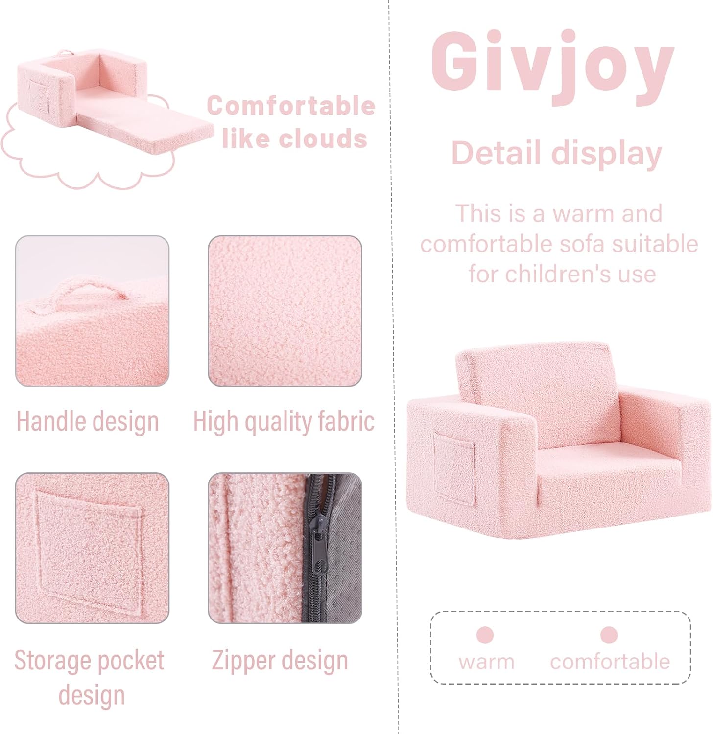 Toddler Chair Sherpa Kids Couch, 2-in-1 Soft Kids Armchair Lounger for Bedroom, Convertible Sofa for Girls and Boys, Child Reading Chair for Playroom, Living Room, Pet, Pink
