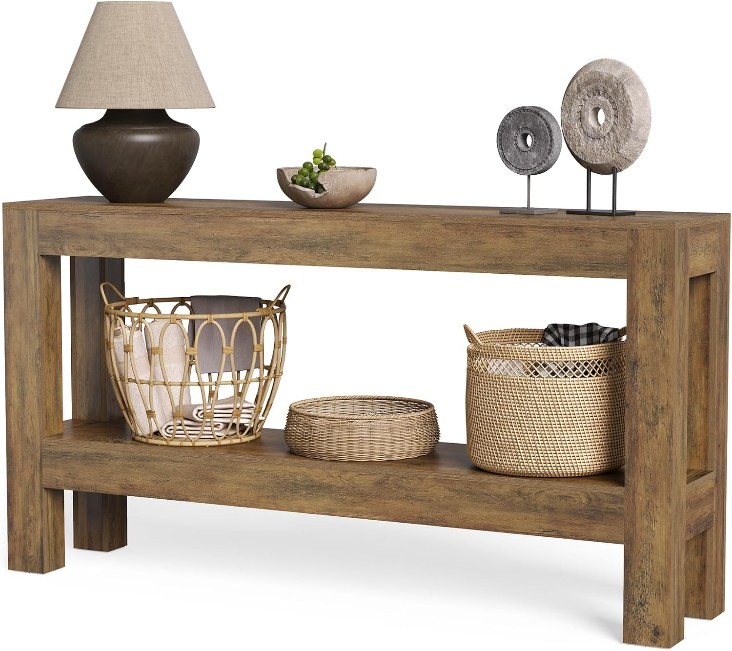 LITTLE TREE 63-Inch Entryway Console Table, Long Farmhouse Narrow Sofa Table for Living Room, Hallway, Entry, Entrance, Foyer, Behind Couch with 2-Tier Shelves, Rustic Brown