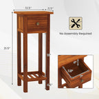 Giantex Narrow End Table with Drawer Set of 2, Tall Acacia Wood Side Table with Bottom Shelf, Modern Bedside Tables, 2-Tier Nightstand for Small Spaces Bedroom Living Room, No Assemble Required, Brown