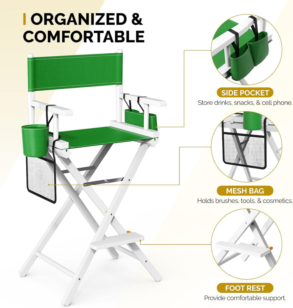 OmySalon Director's Chair 31" Height Folding Portable w/Storage Pouch & Footrest, Makeup Artist Chair for Salon, Events, Mobile, 250lb Capacity, White Wood Frame & Olive Green Canvas Seat