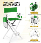 OmySalon Director's Chair 31" Height Folding Portable w/Storage Pouch & Footrest, Makeup Artist Chair for Salon, Events, Mobile, 250lb Capacity, White Wood Frame & Olive Green Canvas Seat