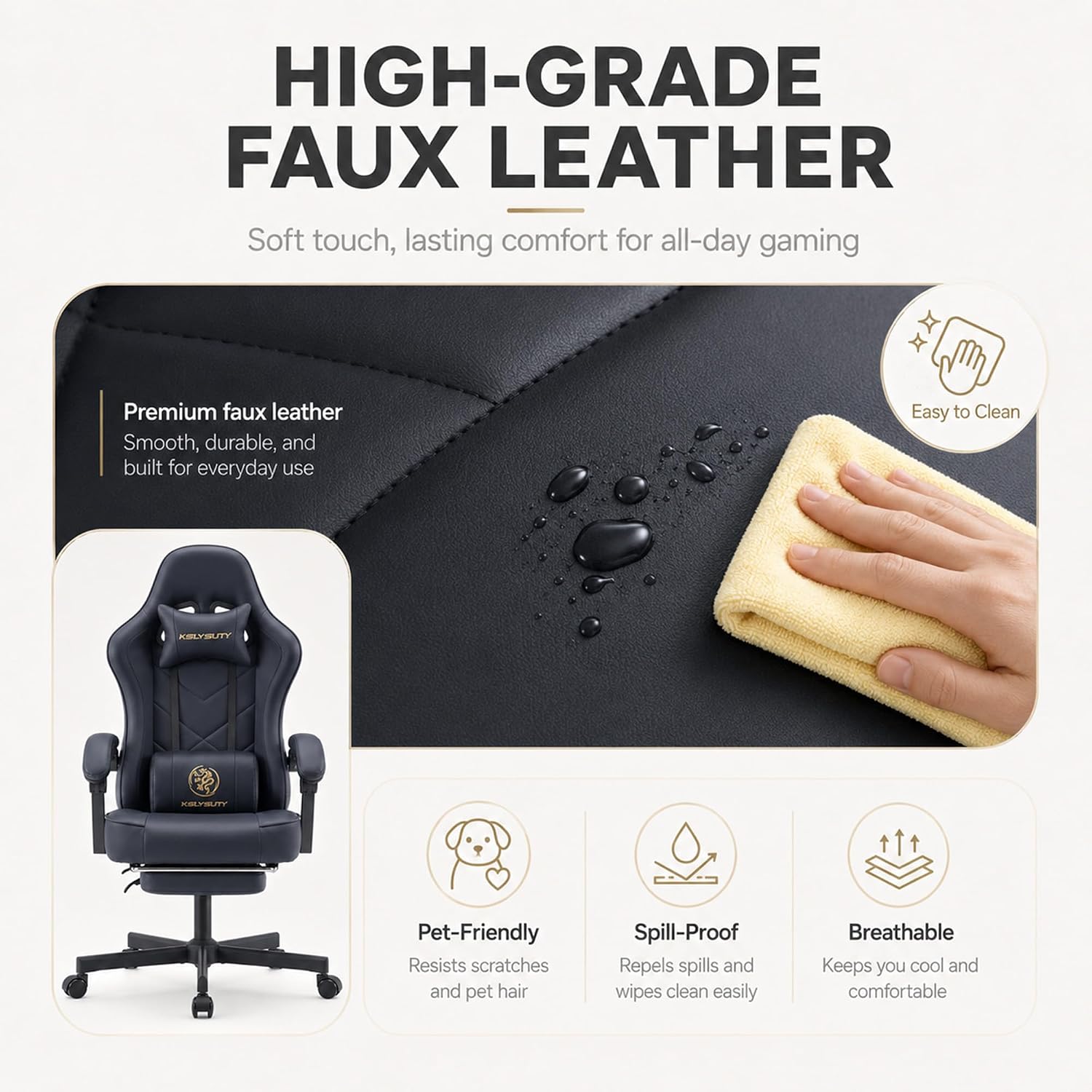 Office Desk Computer Gaming Chair for Adults, Ergonomic High Back Gamer Chair with Massage and Pocket Spring Cushion, Swivel Comfy Video Game Chairs with Footrest and Lumbar Support (Black Leather)