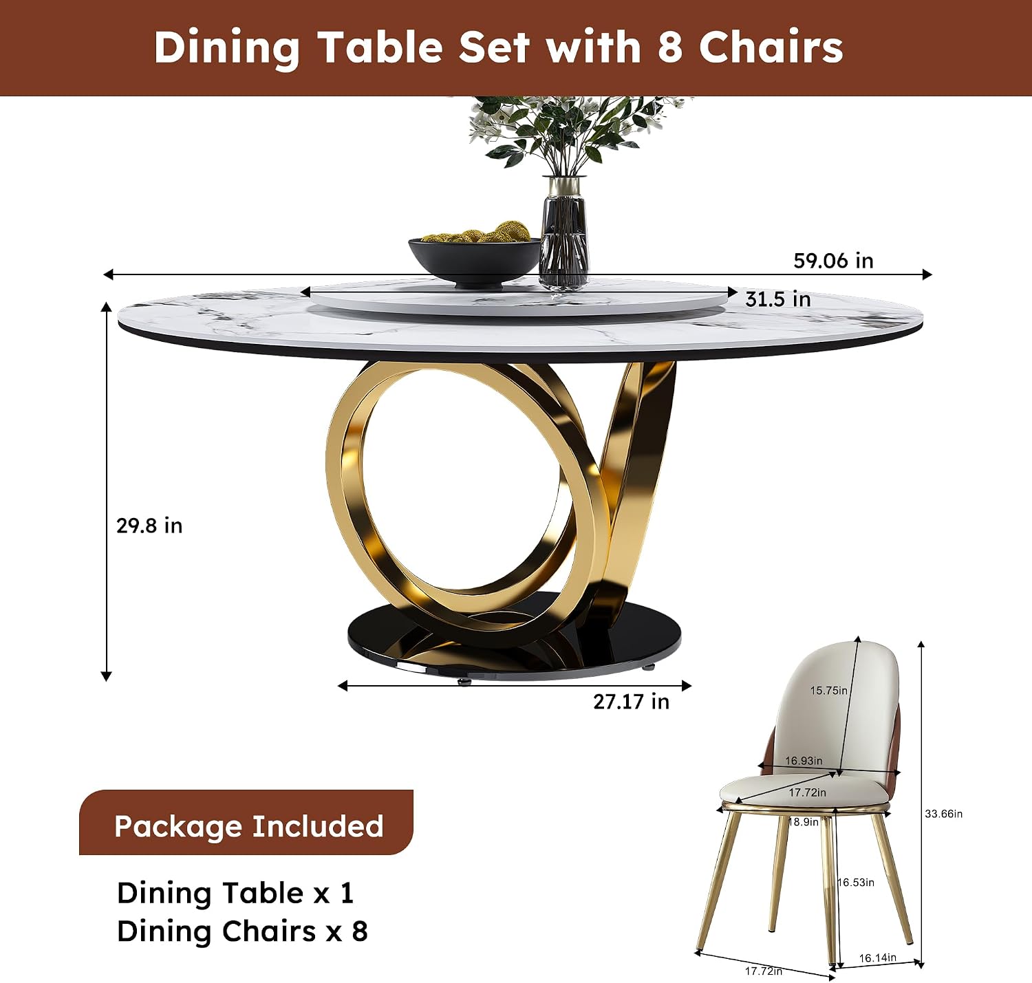 9-Pcs Round Dining Table Set with 31.5" Removable Lazy Susan, Modern Marble Dining Room Table Set of 8, Luxury 59" D Sintered Stone Dining Table with 8 Chairs and Stainless Steel Base for Home Kitchen