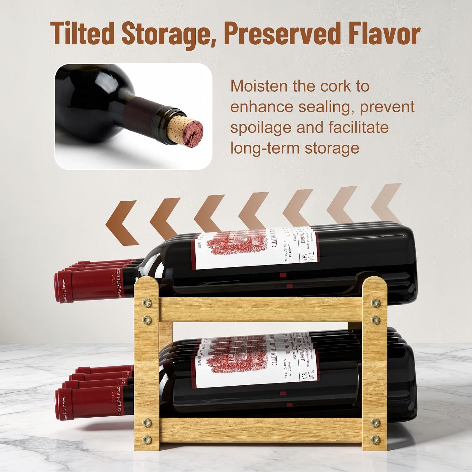 Nuovoware Bamboo Wine Rack, 2-Tier 8 Bottles Stackable Wine Rack with Wavy Groove, Sturdy Freestanding Countertop Shelf for Kitchen Pantry Dining Room Basement Bar Cellar, Wood Color