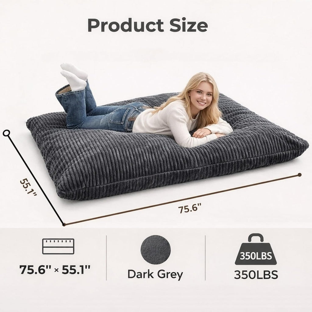3 in 1 Giant Bean Bag Chair for Adults & Kids, Convertible Bean Bag Bed, Couch & Floor Cushion, Comfy Reading Lounge Sofa, Soft Corduroy Washable Cover for Bedroom, Living Room & Dorm, DarkGrey