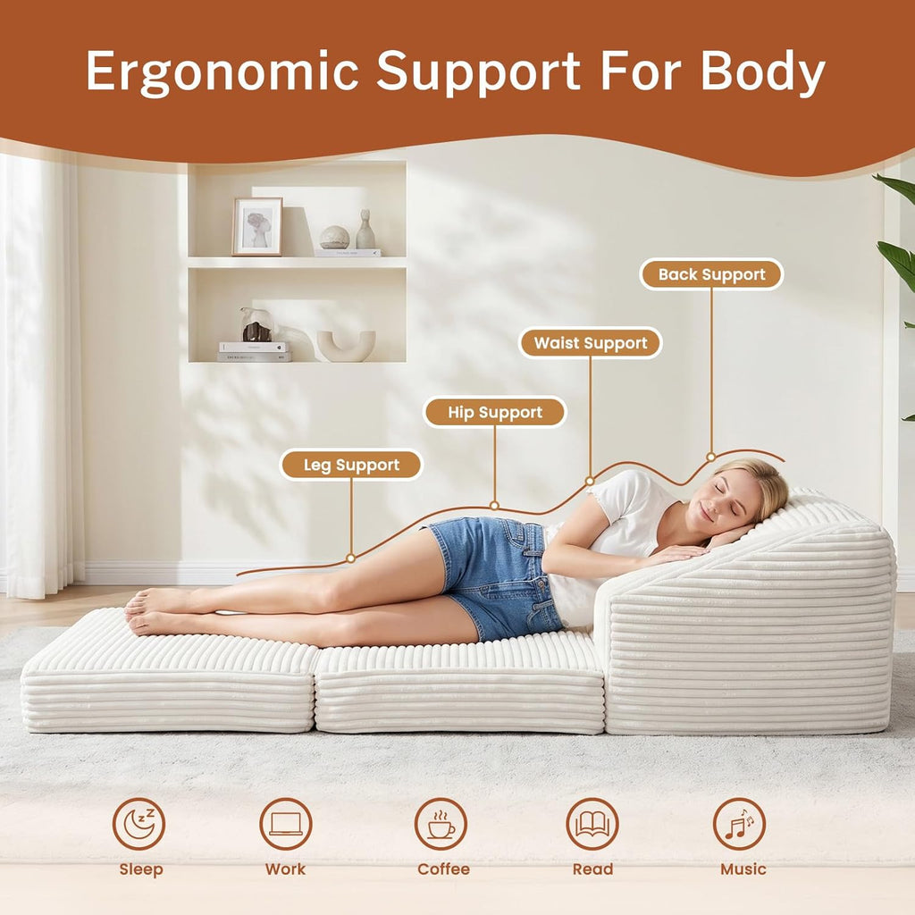 Convertible Boneless Couch Sleeper Sofa Bed, Folding Oversized Bean Bag Couch, Comfy Sofa Chairs for Adults with Filling, Single, Beige