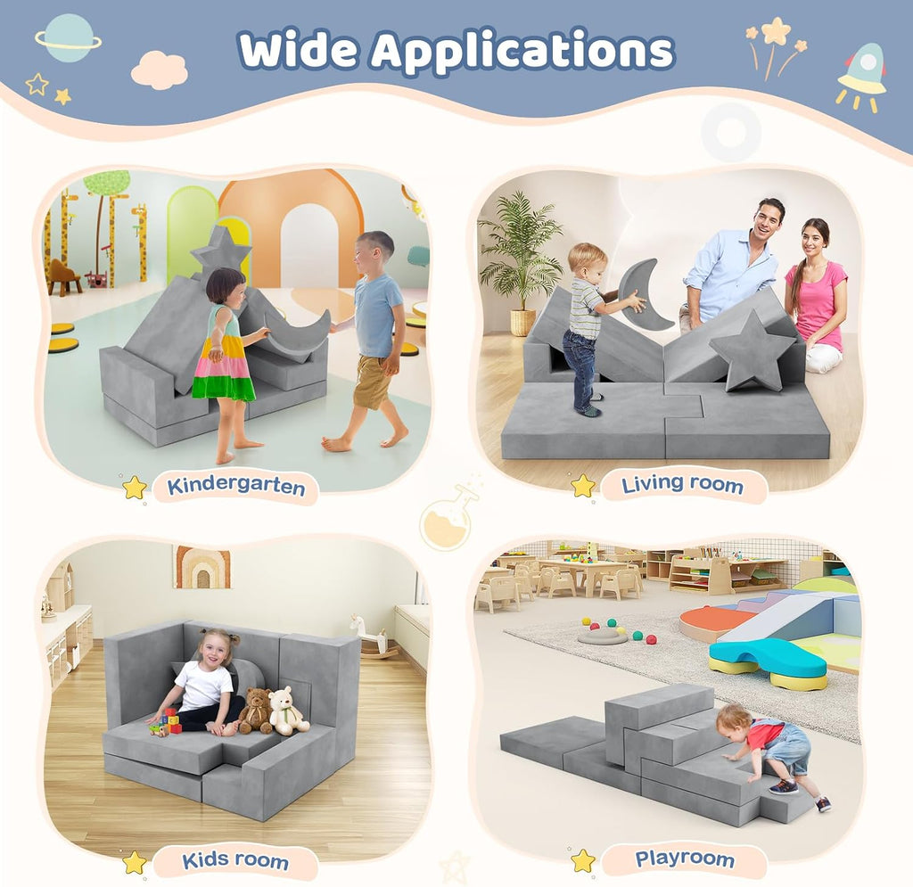 Lischwert Kids Couch, Modular Kids Play Couch, Child Sofa for Girls Boys, Toddler Sectional Sofa with Building Fort, Convertible Foam Playhouse for Baby Indoor Outdoor (9, Grey)