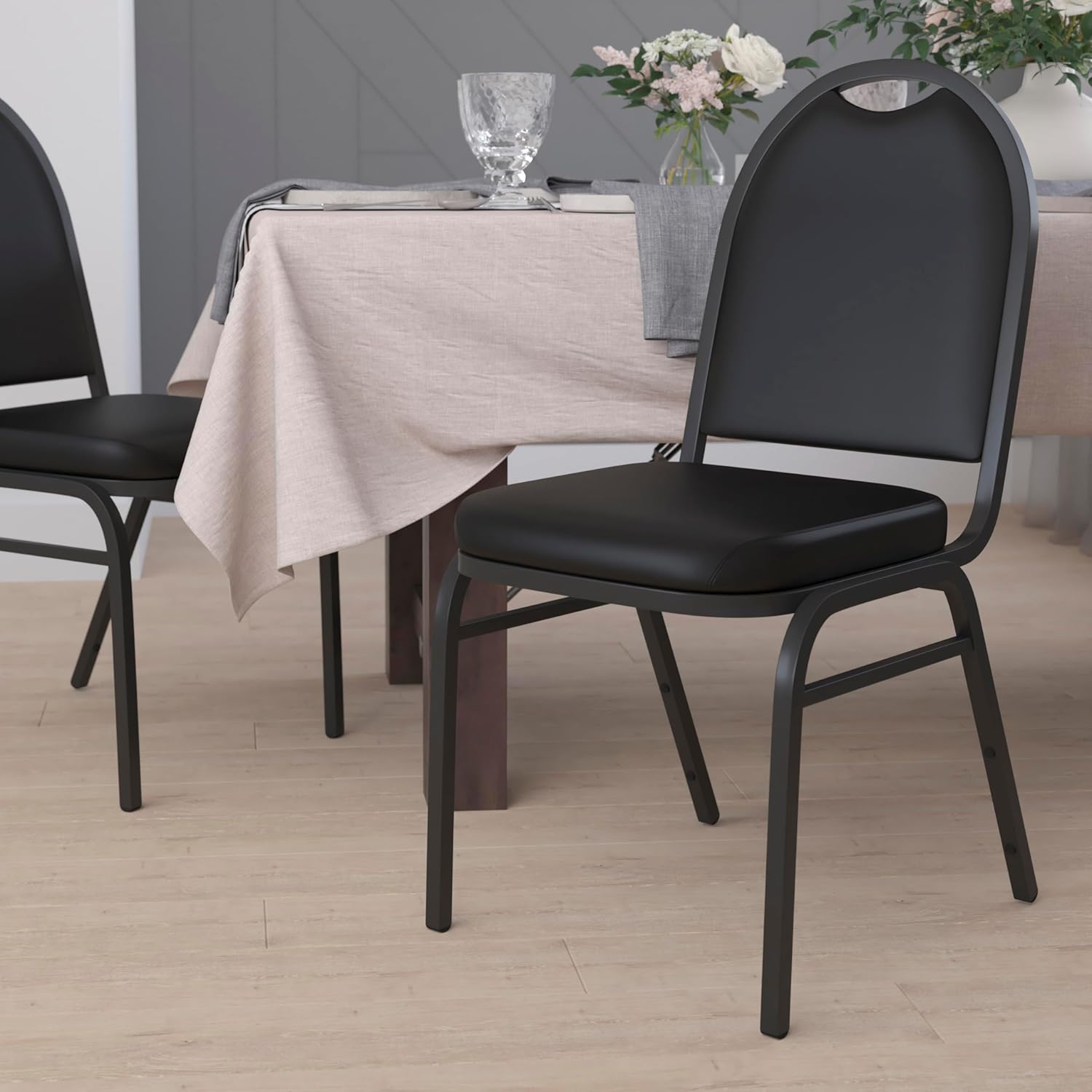 Flash Furniture HERCULES Commercial Grade 500 LB. Capacity Dome Back Stack Chair - Black Vinyl Upholstery - Black Metal Frame - Built-In Handle
