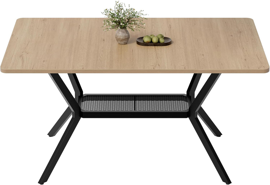 MECHYIN 55" Dining Table for 4-6, Industrial Kitchen Table with Spacious Storage Shelf, Sturdy Metal Frame Rectangle Dining Table for Dining Room, Small Apartments, Home Office