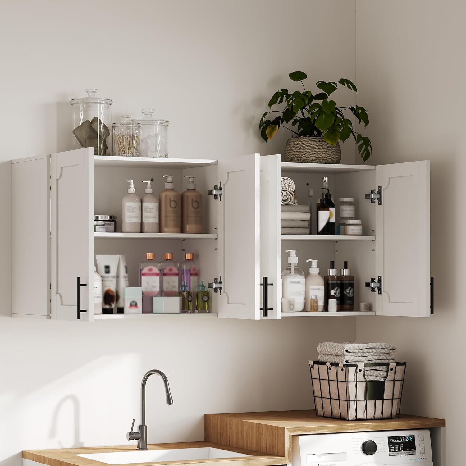 Treocho White Laundry Room Cabinet with 4 Doors, Modern Bathroom Cabinet Wall-Mounted with Adjustable Shelf, Kitchen Wall Storage Medicine Cabinet for Living Room,Garage