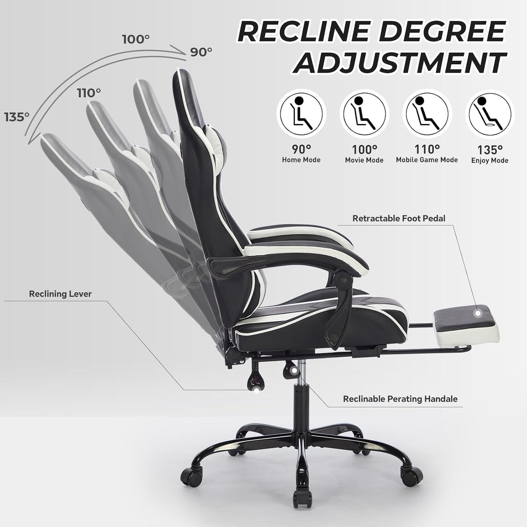 Gaming Chair with Footrest, Ergonomic Computer Chair with Headrest and Lumbar Support, Breathable Material Height Adjustable Video Game Chairs for Adults, Black White