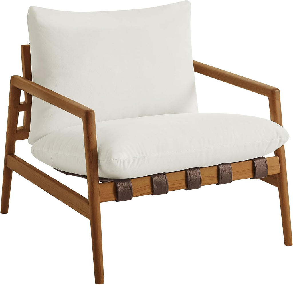 Modway Nomi Teak Wood Outdoor Sling Accent Chair in Natural White - Faux Leather Vegan Patio Armchair with Removable Cushioned Upholstery