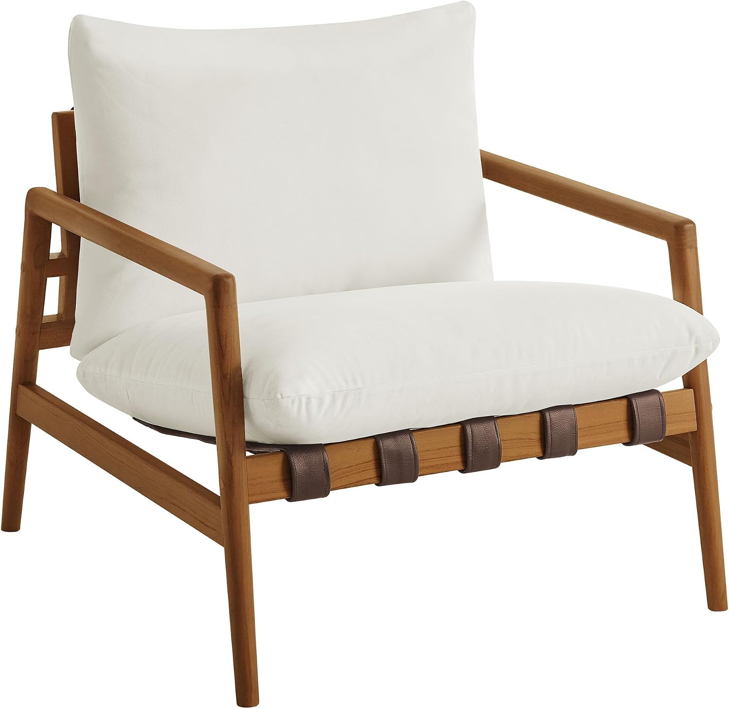 Modway Nomi Teak Wood Outdoor Sling Accent Chair in Natural White - Faux Leather Vegan Patio Armchair with Removable Cushioned Upholstery