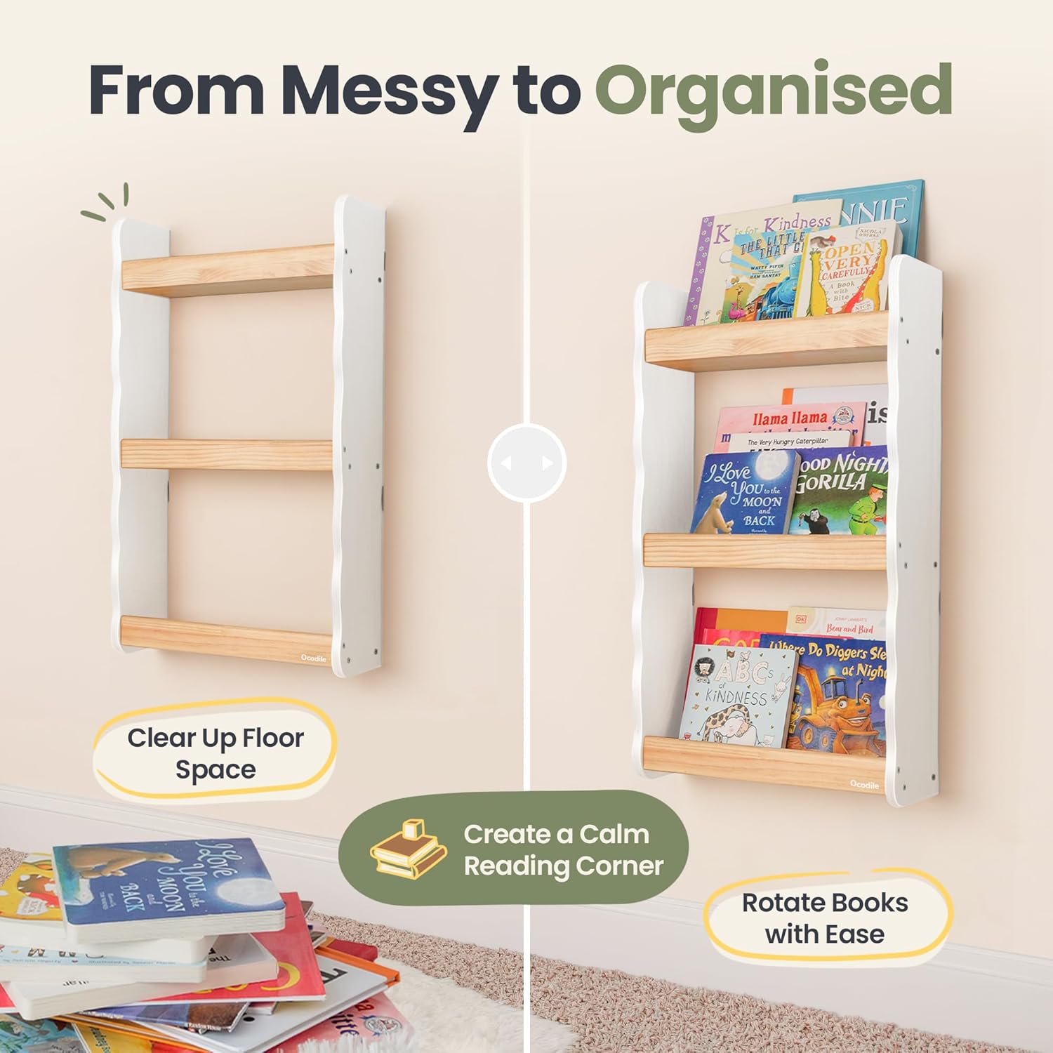 Ocodile Floating Kids Bookshelf – 3-Tier Wall Mounted Bookshelf for Nursery & Playroom – Montessori Floating Shelves for Kids Room Made of Pine Wood with Smooth Finish - White