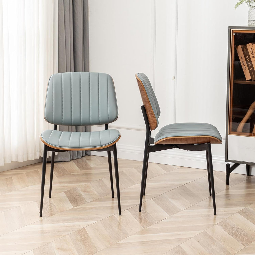 LUNLING Dining Room Chairs Mid Century Modern Retro Blue Faux Leather Chair with Walnut Bentwood Upholstered Seat Metal Legs Kitchen Chairs Adjustable Foot for Kitchen Dining Room,1PCS