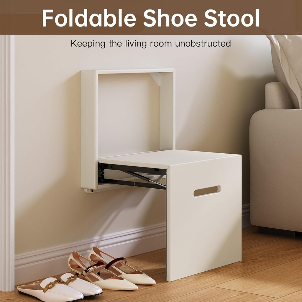 Wall Mounted Seat Shoe Changing Stool, Folding Stool Chair for Entryway, Space Saving Hidden Wall Stools,Folding Entryway Stool, Tea White, 18.97" W