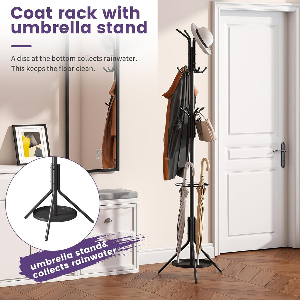 Coat Rack Freestanding,Entryway Hanger Stand,Umbrella Holder,Hall Tree With 12 Hooks, Floor Standing Metal Tree Stand,Black