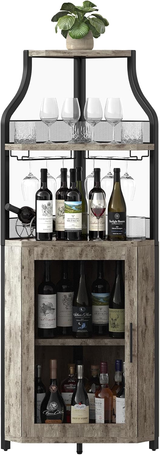 GAOMON Corner Wine Cabinet with Wine Rack and Glass Holder 5 Tier Modern Corner Wine Cabinet Corner Bar Cabinet Industrial Liquor Cabinets for Kitchen, Living Room, Dining Room,Grey