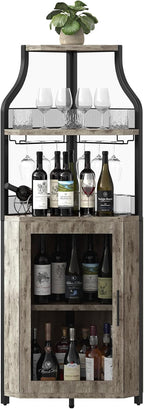 GAOMON Corner Wine Cabinet with Wine Rack and Glass Holder 5 Tier Modern Corner Wine Cabinet Corner Bar Cabinet Industrial Liquor Cabinets for Kitchen, Living Room, Dining Room,Grey