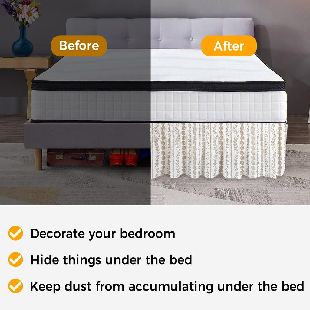 Brown Botanical Bed Skirt King Size 18 Inch Drop, Adjustable & Elastic Wrap Around Bed Skirts Pleated Luxury Dust Ruffles for Twin Full Queen Cal King Base Bed, Summer Botanical Leaf Vertical Stripes