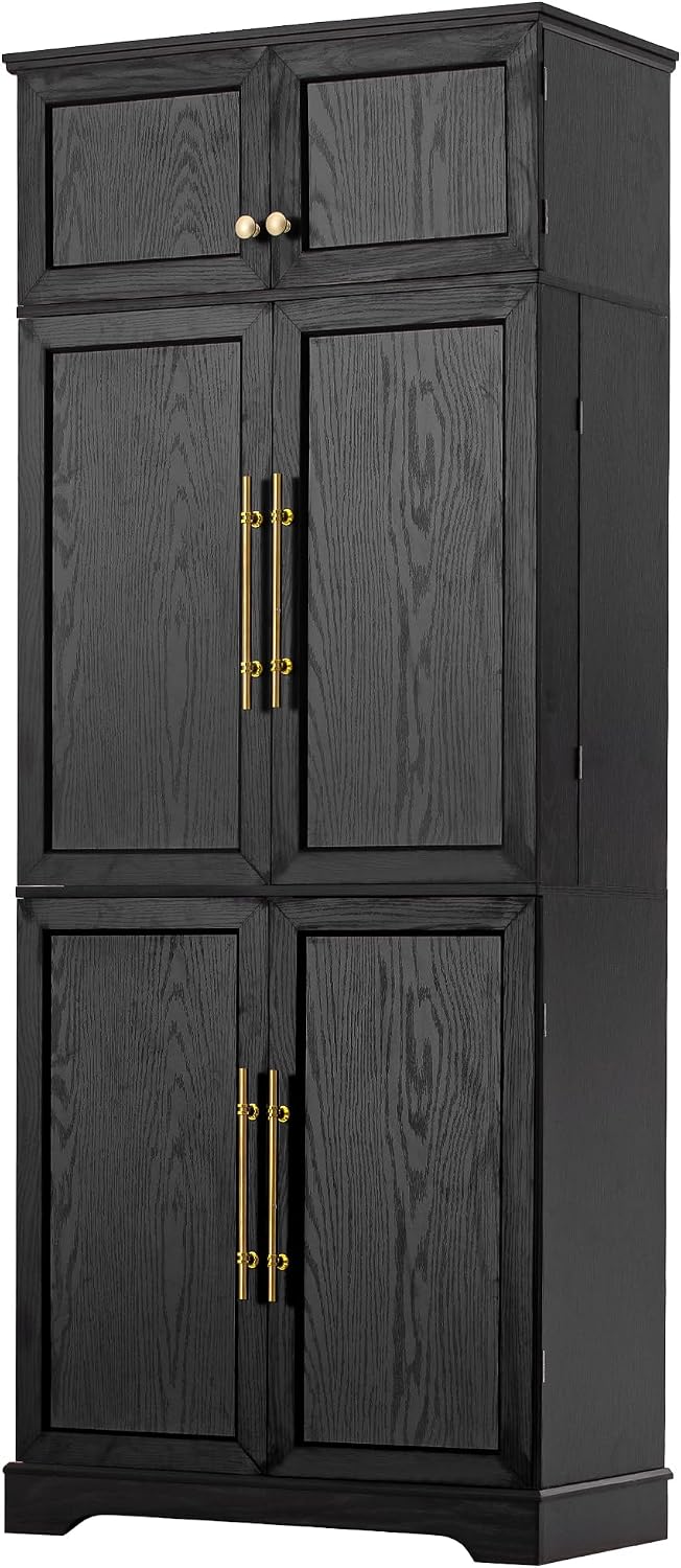 Virubi 78" Farmhouse Tall Kitchen Pantry Cabinet, Wood Storage Cabinets with Hidden Drawer and 4 Adjustable Shelves, Cupboard with Wine Rack and Door Shelves for Kitchen Dining Room, Black