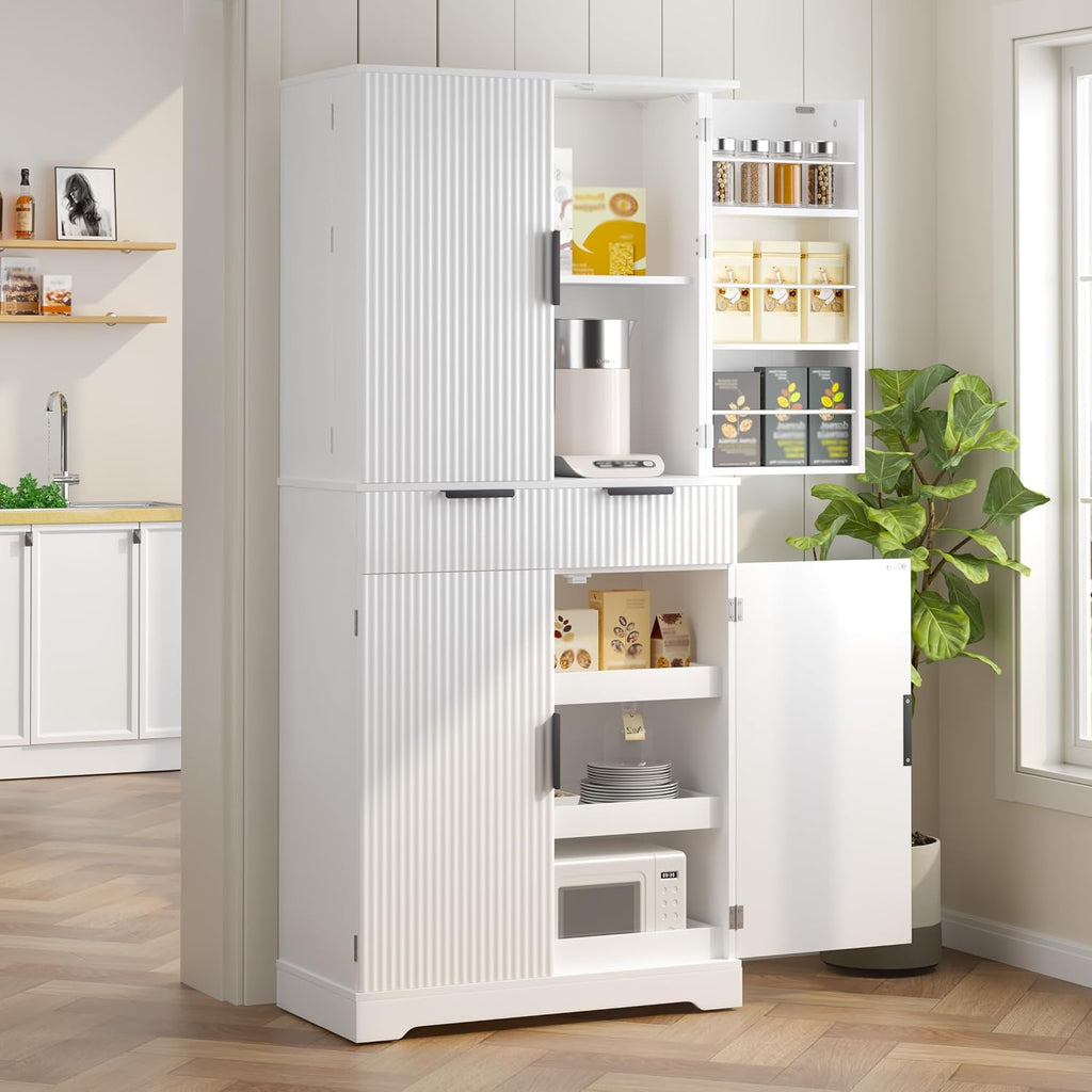 Freestanding Kitchen Pantry with Striped Dawer, 3 Ajustable Shelves, 2 Double Doors with 4 Shelves, Rectangular Storage Cabinet, Modern Minimalist, for Living Room, Dining Room, White