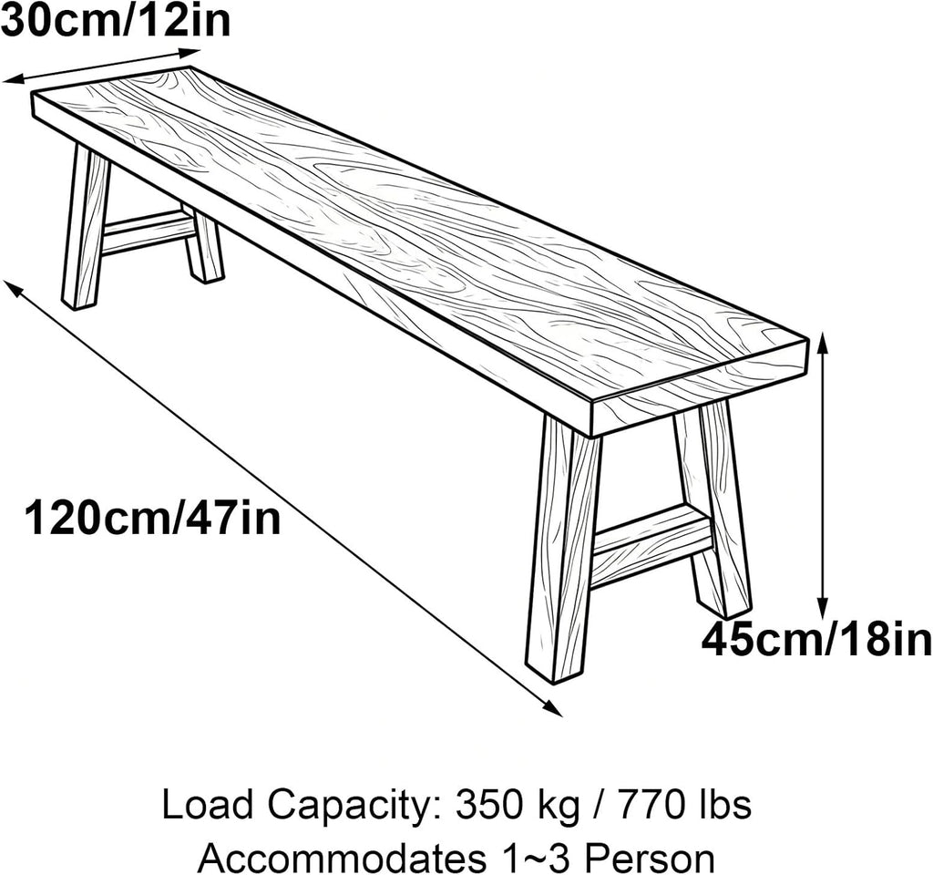 Outdoor Wood Porch Bench Weatherproof, 18in High, Suitable for Patios, Bedrooms, and Dining Rooms, with a Load Capacity 880 Lbs(120x45x30cm/47x18x12in)