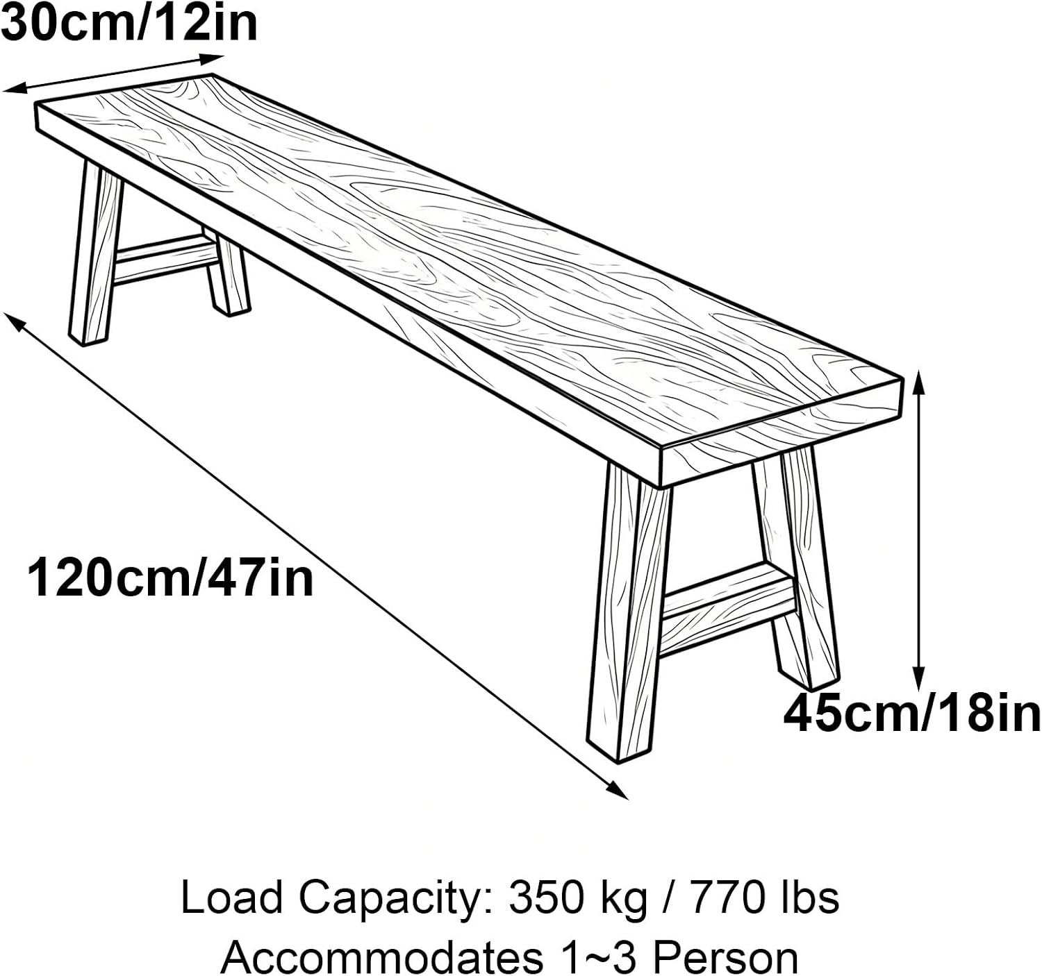 Outdoor Wood Porch Bench Weatherproof, 18in High, Suitable for Patios, Bedrooms, and Dining Rooms, with a Load Capacity 880 Lbs(120x45x30cm/47x18x12in)
