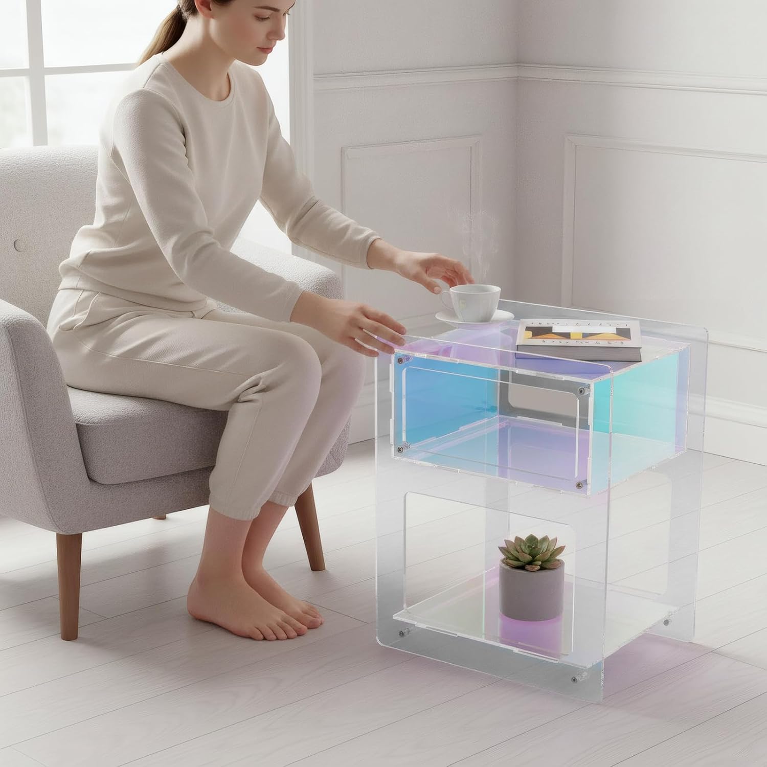 Acrylic Side Table Cabinet, End Table Record Player Table with Storage Shelf, Clear Side Table Nightstand for Living Rooms Bedrooms Offices, Etc (Colorful)