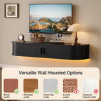 55" Floating TV Stand with Power Outlet for TVs up to 65", Fluted Entertainment Center with Remote Control for LED Lights, Mid-Century Modern TV Console w/Sliding Door for Living Room, Bedroom Black