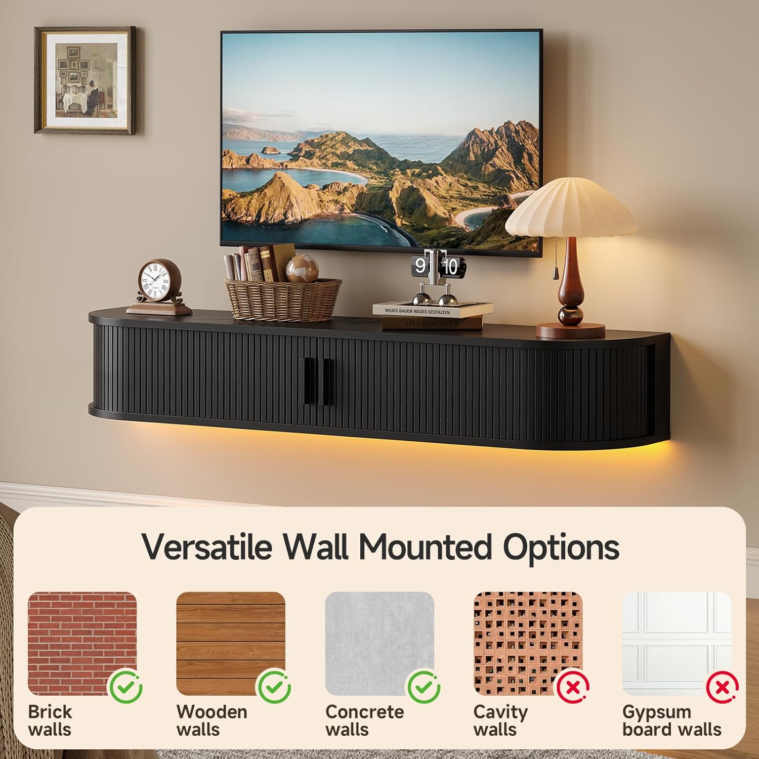 55" Floating TV Stand with Power Outlet for TVs up to 65", Fluted Entertainment Center with Remote Control for LED Lights, Mid-Century Modern TV Console w/Sliding Door for Living Room, Bedroom Black