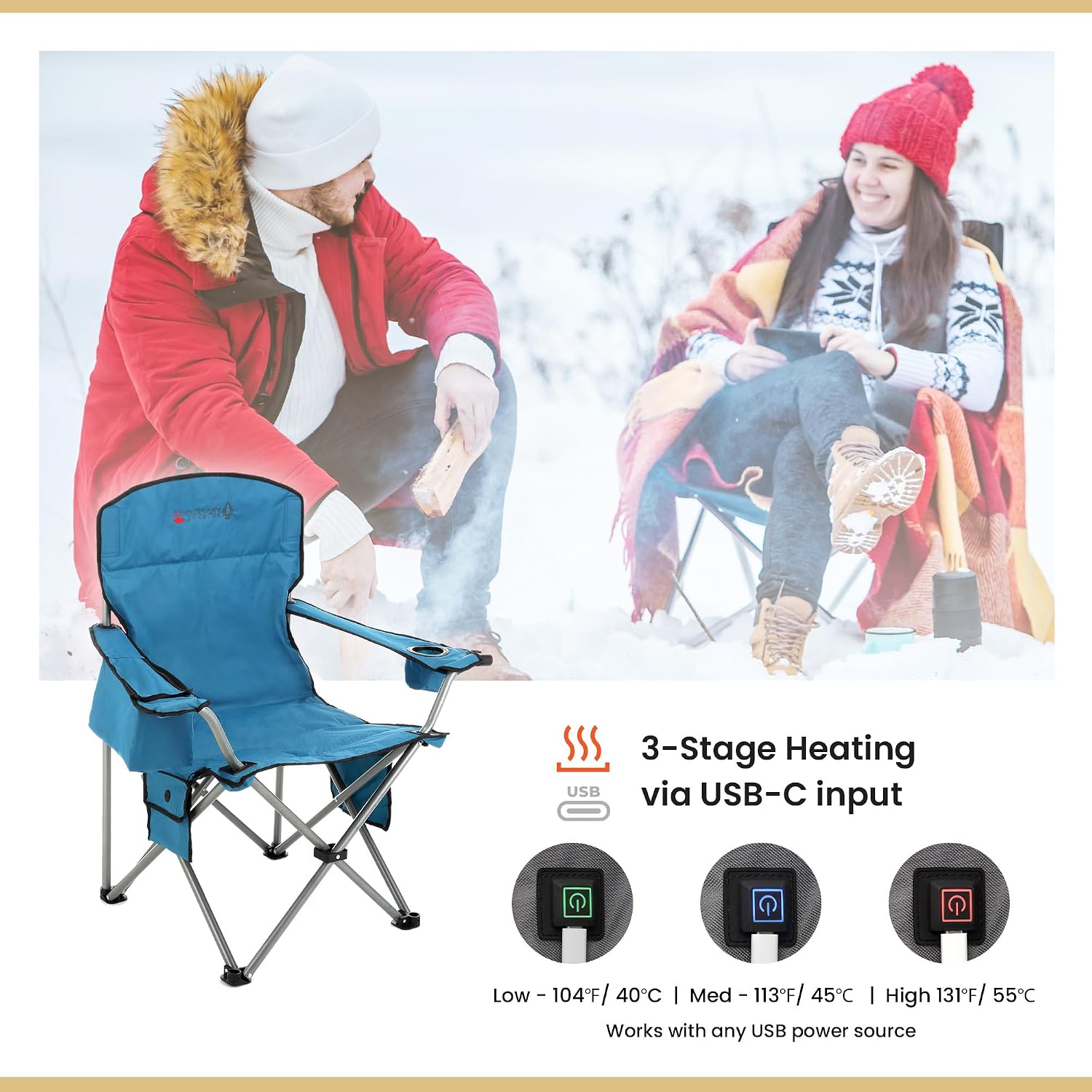ARROWHEAD OUTDOOR Heated Camping Chair – Heavy-Duty Portable Folding Chair with 3 Heat Modes, 6-Can Cooler, Cup & Wine Glass Holder – Supports 330lbs