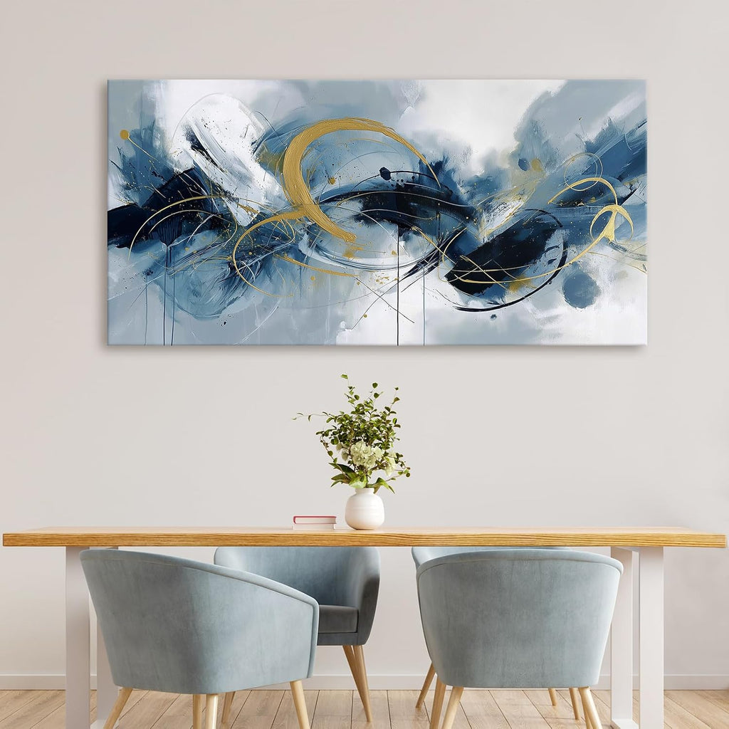 BewDalky Navy Blue Yellow Abstract Canvas Wall Art Large Modern Watercolor Fluid Art Prints Minimalist Lines Circles Pictures Wall Decor Contemporary Artwork for Living Room Bedroom Office 23"x46"
