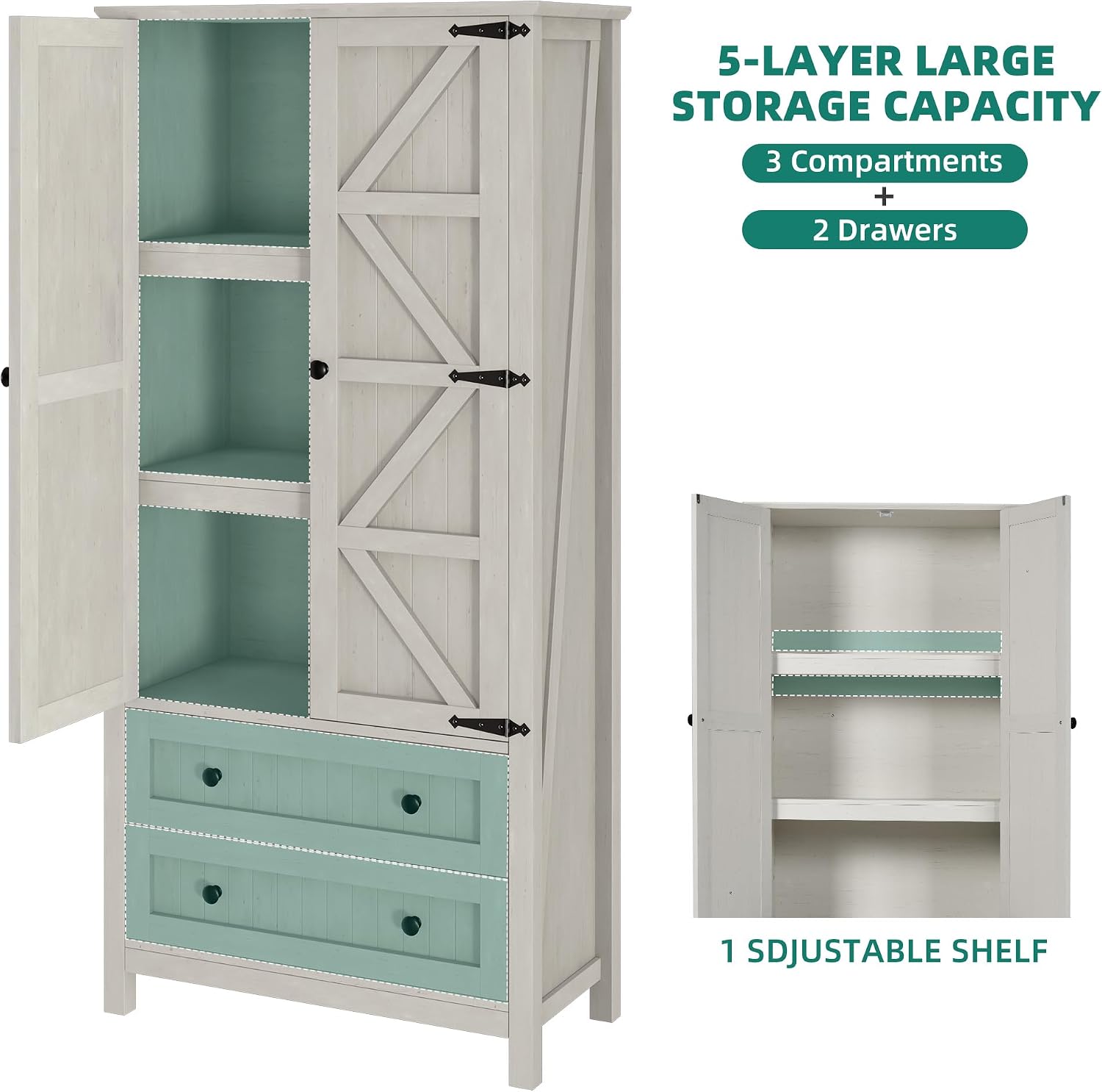 YITAHOME 64.5" Tall Kitchen Pantry Cabinet, Farmhouse Pantry Storage Cabinet with 2 Drawers & Adjustable Shelves, Ideal for Living Room, Kitchen or Hallway, White