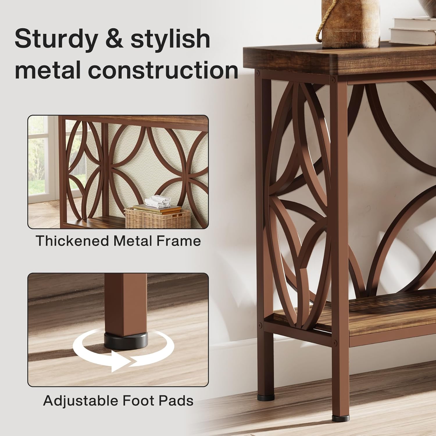 Tribesigns 70.9-Inch Narrow Sofa Table, 2-Tier Industrial Console Table Behind Couch, Long Entry Tables with Storage for Entryway, Living Room, Foyer, Hallway, Glossy Brown