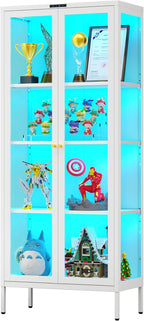 Polup Metal Glass Display Cabinet with Glass Doors, Lighted Curio Cabinet with 8-Color LED Lights, 66 Inch Tall Display Case for Collectibles, Plants, White Glass Cabinet for Living Room