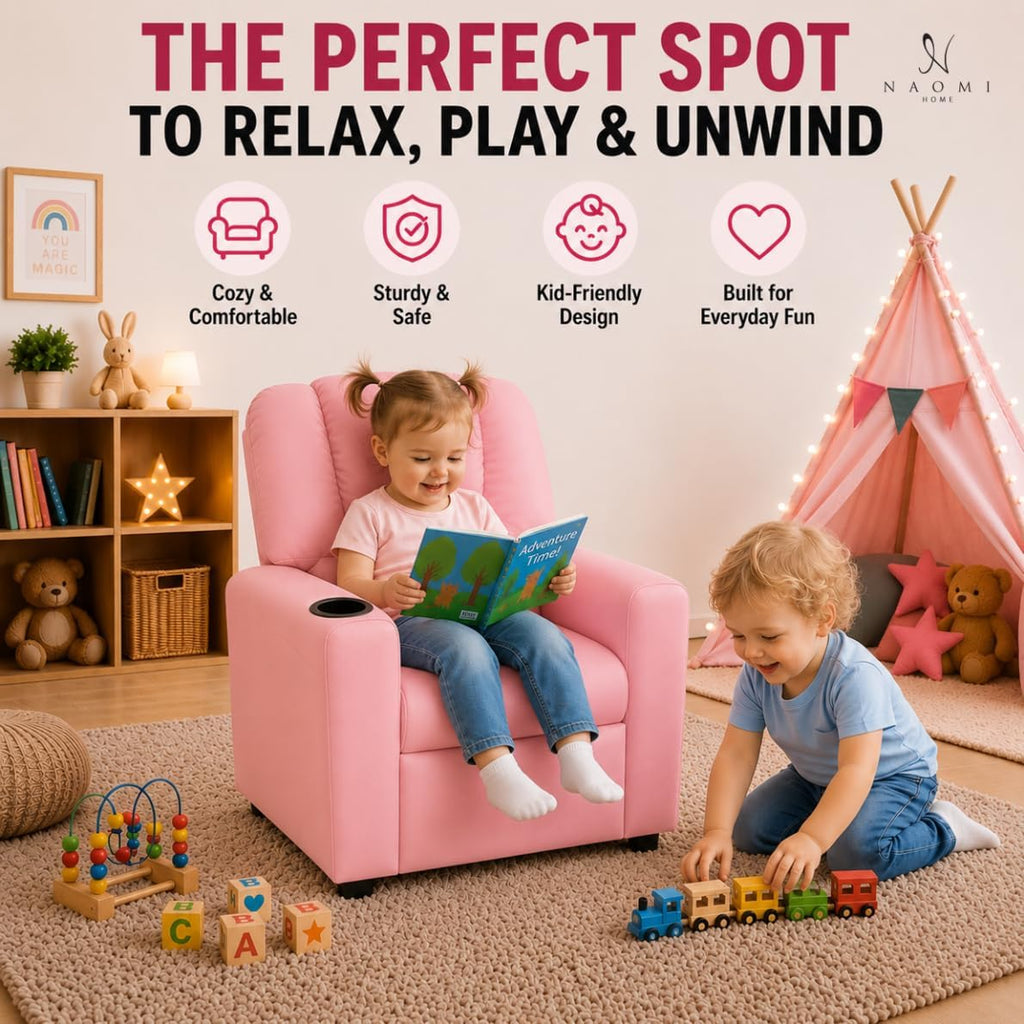 Naomi Home Suri Kids Recliner Chair: 150 Lbs Capacity & Solid Hardwood Frame for Ultimate Durability. Built to Grow Toddler & Children Sofa with Cup Holder, Footrest & 3 Recline Positions - Pink