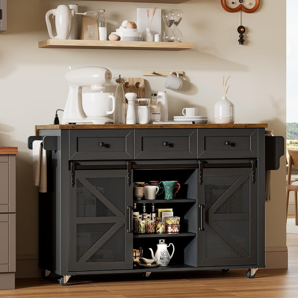 RALGEND Kitchen Island with Storage, 55" Kitchen Cart with Charging Station, Rolling Kitchen Island Table with Drop-Leaf, 3 Drawers, Barn Doors, Towel Rack and Spice Rack, Black and Rustic Brown