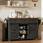 RALGEND Kitchen Island with Storage, 55" Kitchen Cart with Charging Station, Rolling Kitchen Island Table with Drop-Leaf, 3 Drawers, Barn Doors, Towel Rack and Spice Rack, Black and Rustic Brown