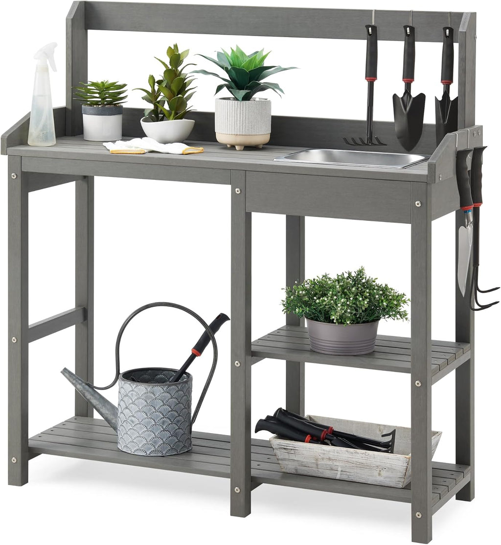 Psilvam Outdoor Potting Bench with Sink, Rot-Resistant HDPS Potting Table for Outside Garden, All-Weather Use (Gray)
