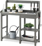 Psilvam Outdoor Potting Bench with Sink, Rot-Resistant HDPS Potting Table for Outside Garden, All-Weather Use (Gray)