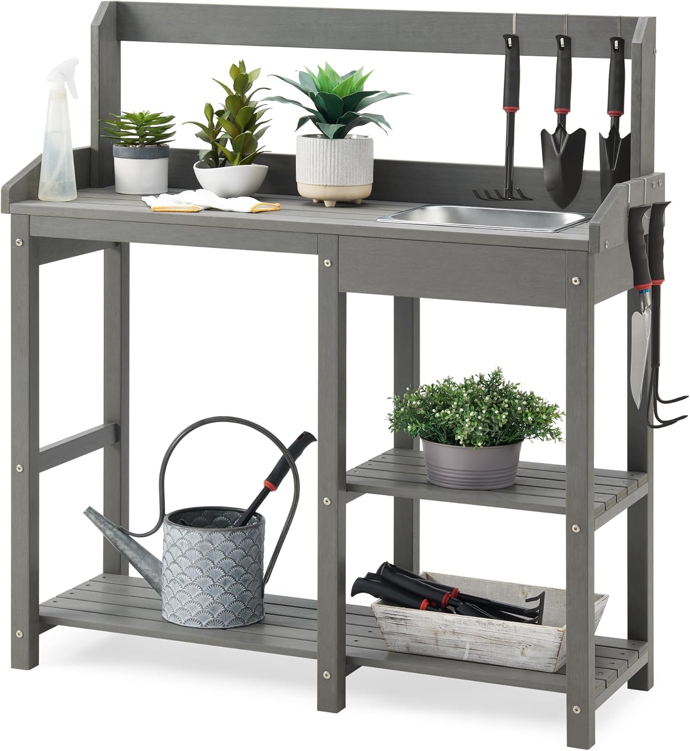 Psilvam Outdoor Potting Bench with Sink, Rot-Resistant HDPS Potting Table for Outside Garden, All-Weather Use (Gray)