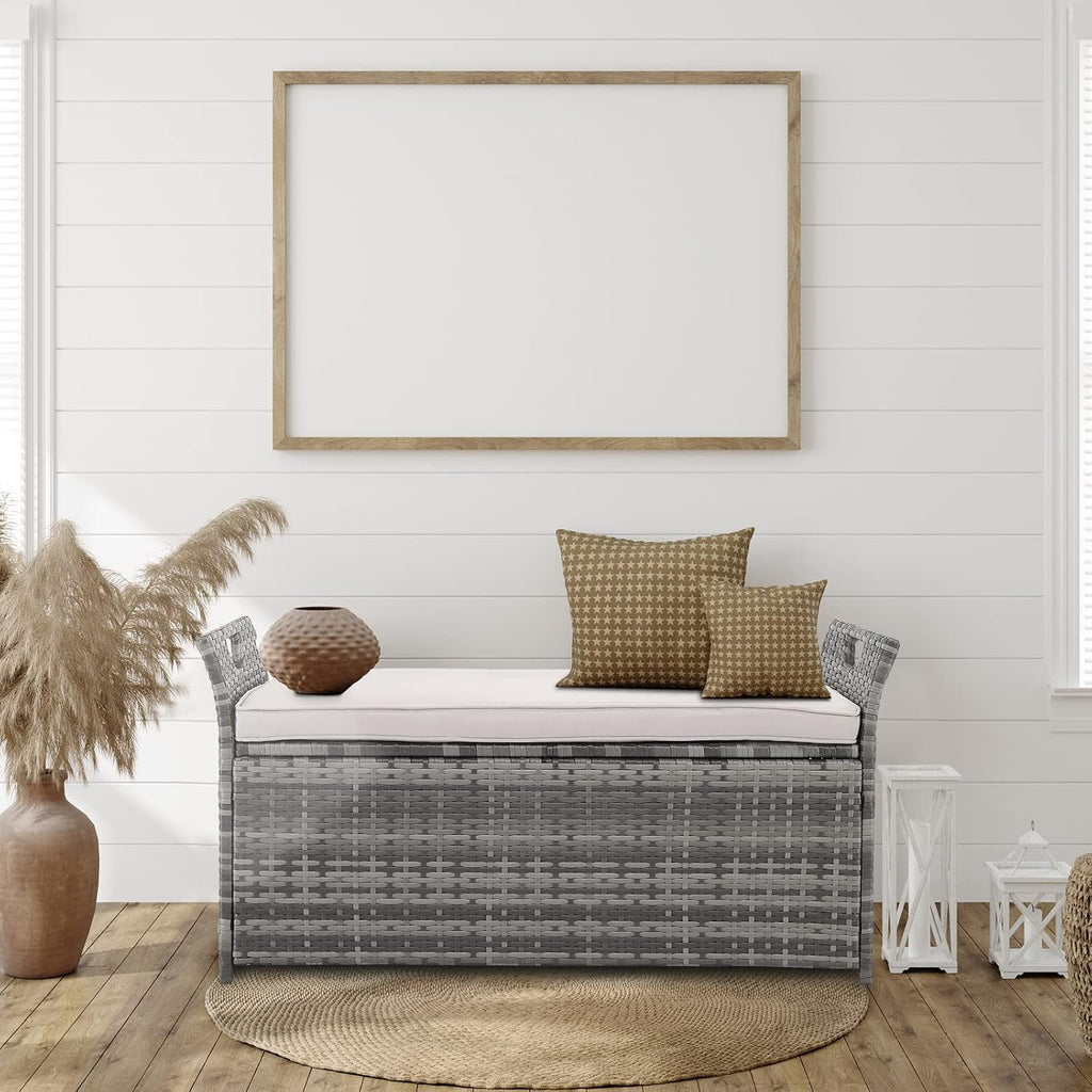 Wicker Outdoor Storage Bench,33 Gallon Rattan Deck Box with Side Handles & Soft Cushion,Patio Bench with Storage,Outdoor Furniture for Pillows,Garden Tools,Pool Accessories,Sports Equipment (Gray)