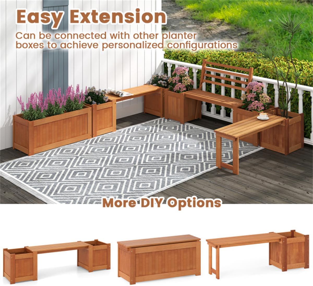 Garden Bench with Planter Boxes - Hardwood Build (Wear-Resistant), Displays Faux Trees/Potted Plants, Enhances Outdoor Aesthetic