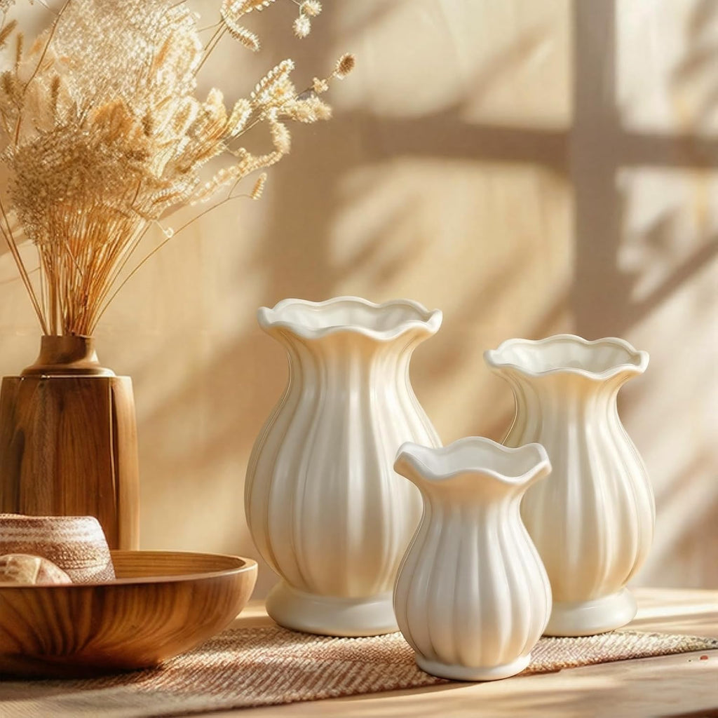 3 Pack White Ceramic Vase Set Small Rustic Decorative Vases Home Decor Wavy Edge Modern Flower Vases for Farmhouse Table Centerpiece Living Room Kitchen Bedroom (5.7,6.7,7.9in,Elegant)
