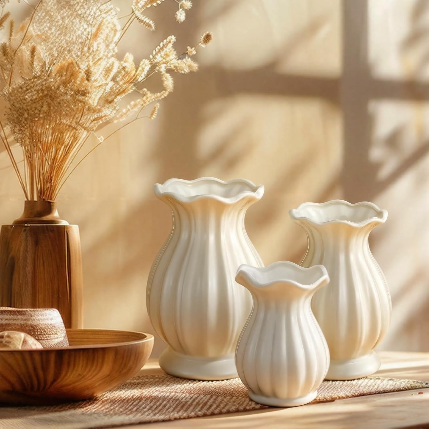 3 Pack White Ceramic Vase Set Small Rustic Decorative Vases Home Decor Wavy Edge Modern Flower Vases for Farmhouse Table Centerpiece Living Room Kitchen Bedroom (5.7,6.7,7.9in,Elegant)
